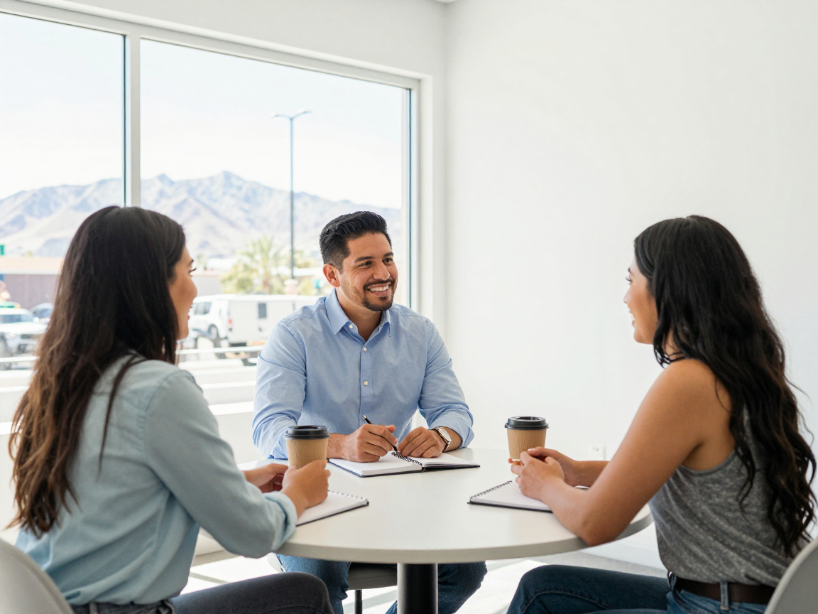 Asesor de negocios conversa con dos emprendedoras hispanas en una oficina luminosa de Las Vegas
